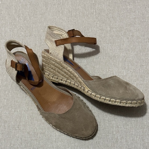Verbenas Shoes - Verbenas Malena Leather Espadrille Wedge Sandal-Taupe-Sz 39-Ankle Strap-GUC
